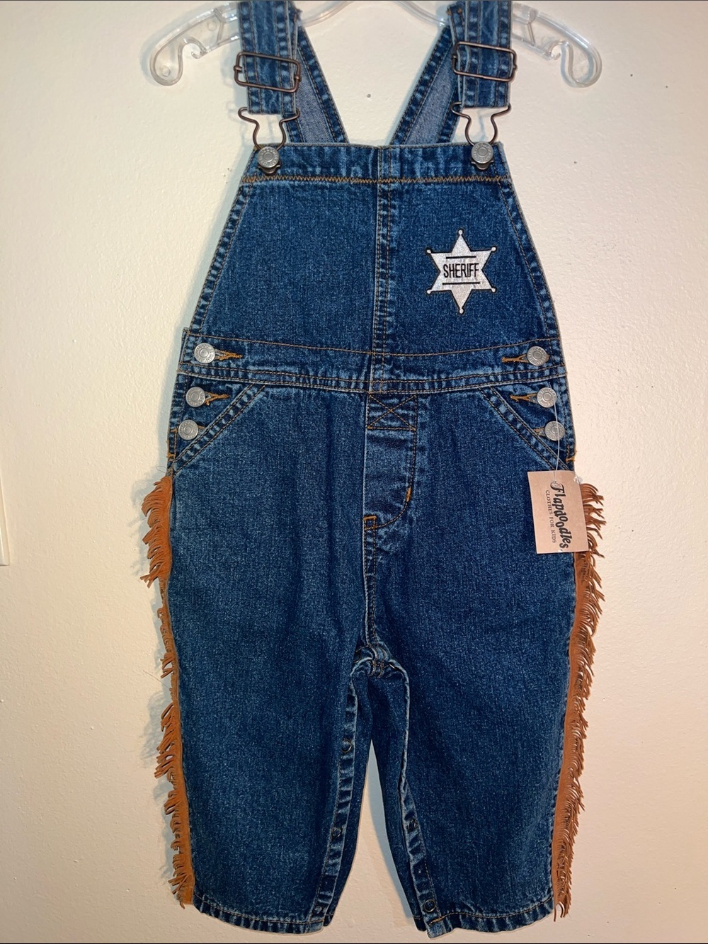 Vintage Flapdoodles Denim Overalls with western Fringe & Sheriff Star Appliqué.
